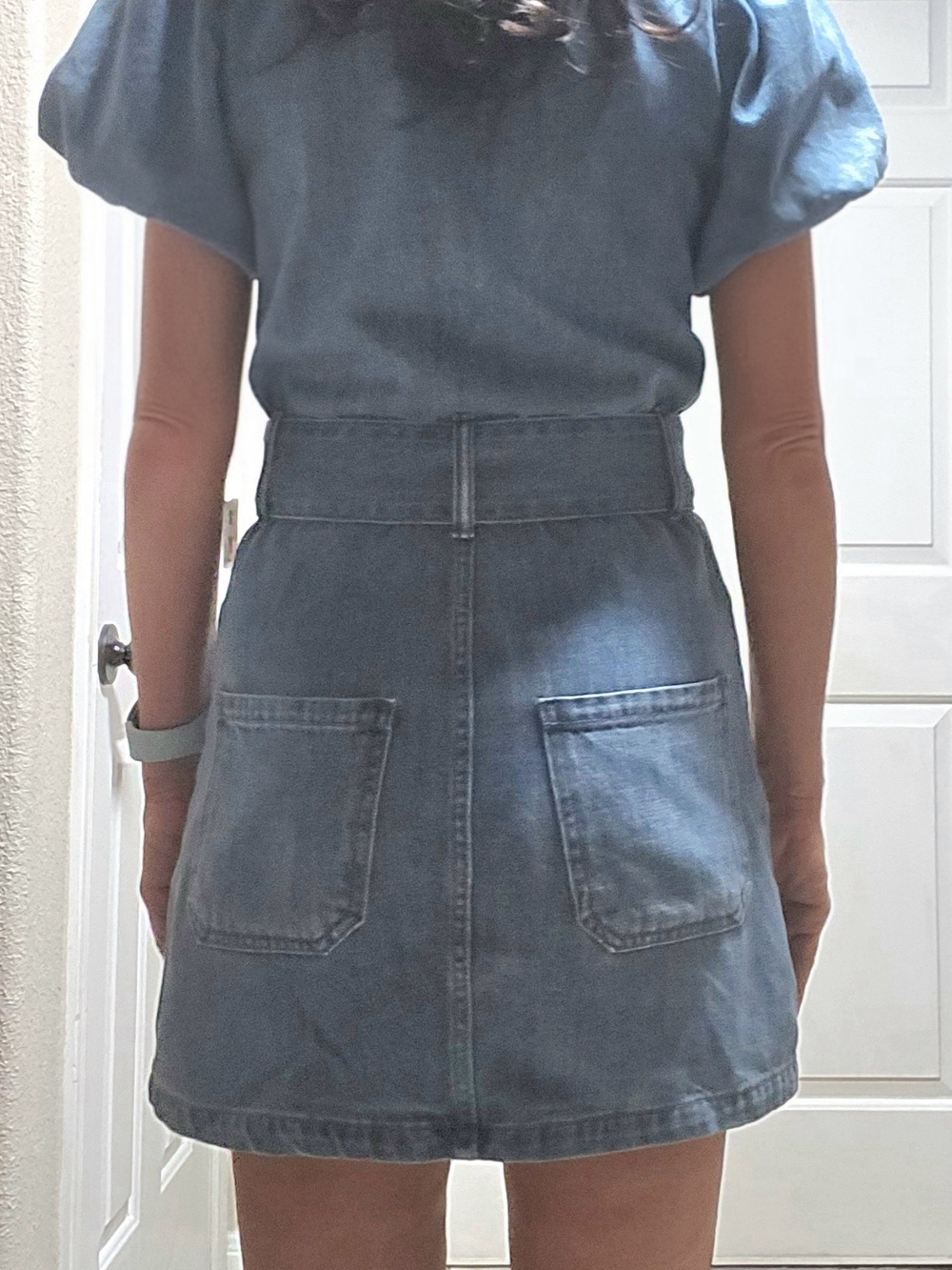 Show Me Your MuMu XS Blue Denim Zip-Front Belted Mini Dress with Puff Sleeves - Picture 4 of 7